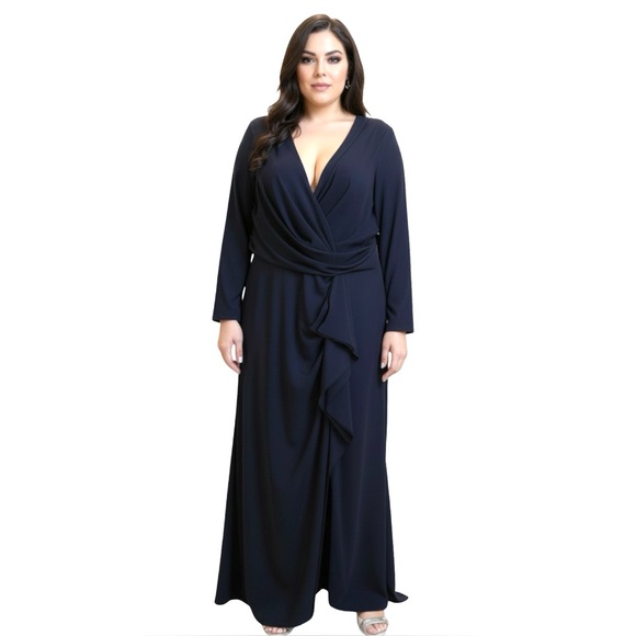 New Betsy & Adam Navy  "Elle" Long Sleeve Side Ruffled Slit Gown Size 14 - Picture 6 of 15